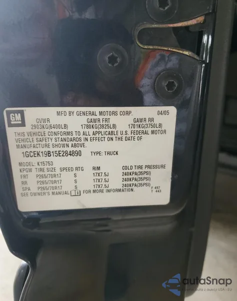 2005 Chevrolet Silverado K1500 из США, поврежденный, VIN 1GCEK19B15E284890